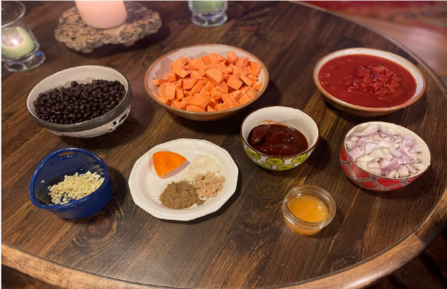 Ingredients for heart-healthy Smokey Sweet Potato Black Bean Chili